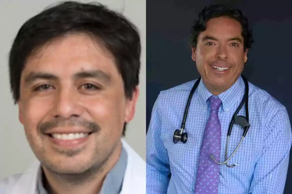 Dos hombres sonrientes con bata y estetoscopio, ambos en ambientes profesionales Dos hombres sonrientes con bata y estetoscopio, ambos en ambientes profesionales