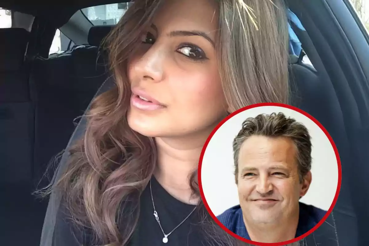 Mujer de cabello largo y ondulado sentada en un auto con un recuadro que muestra a un hombre sonriente