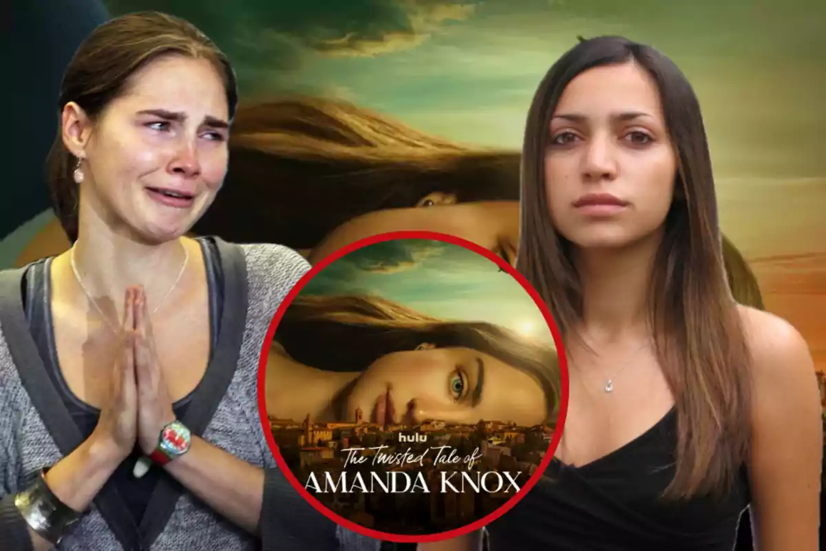 Dos mujeres en primer plano con expresiones opuestas, una llorando y la otra seria, al fondo un póster de una serie titulada The Twisted Tale of Amanda Knox