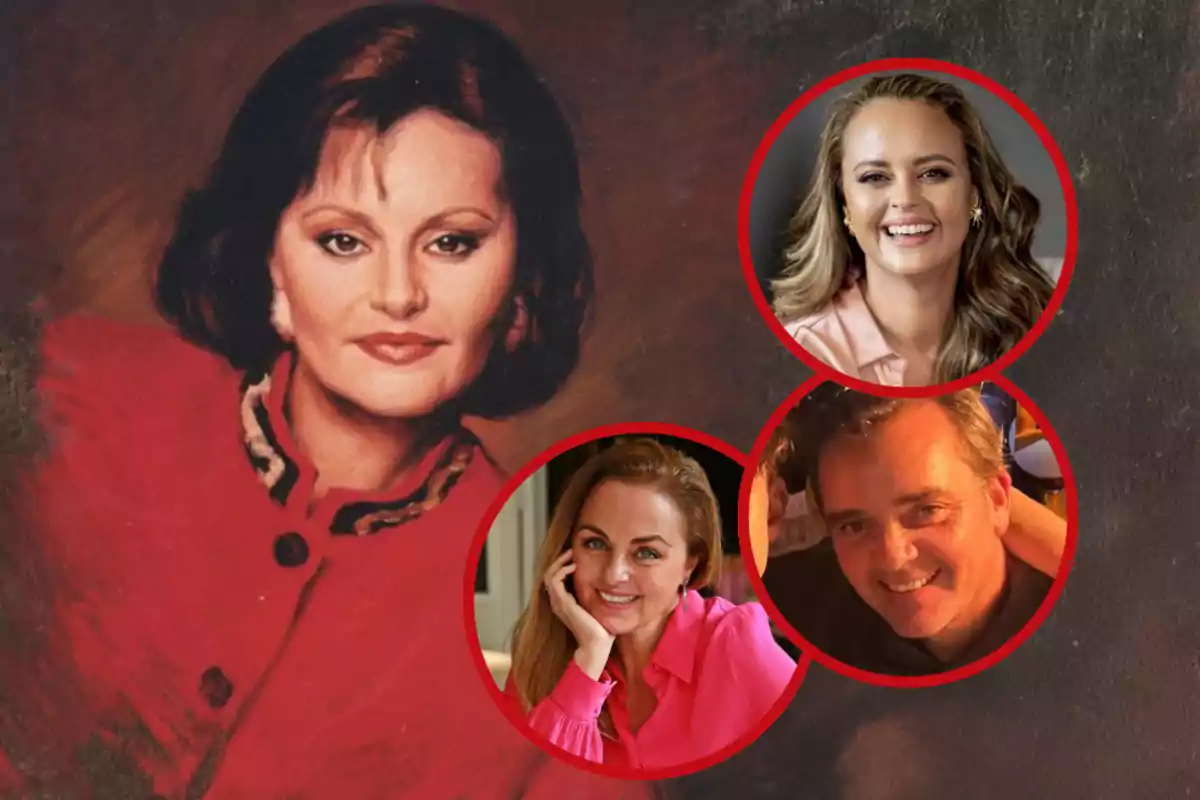 Retrato de una mujer de cabello oscuro con saco rojo al lado de tres fotografías circulares de personas sonrientes, dos mujeres y un hombre, sobre un fondo oscuro