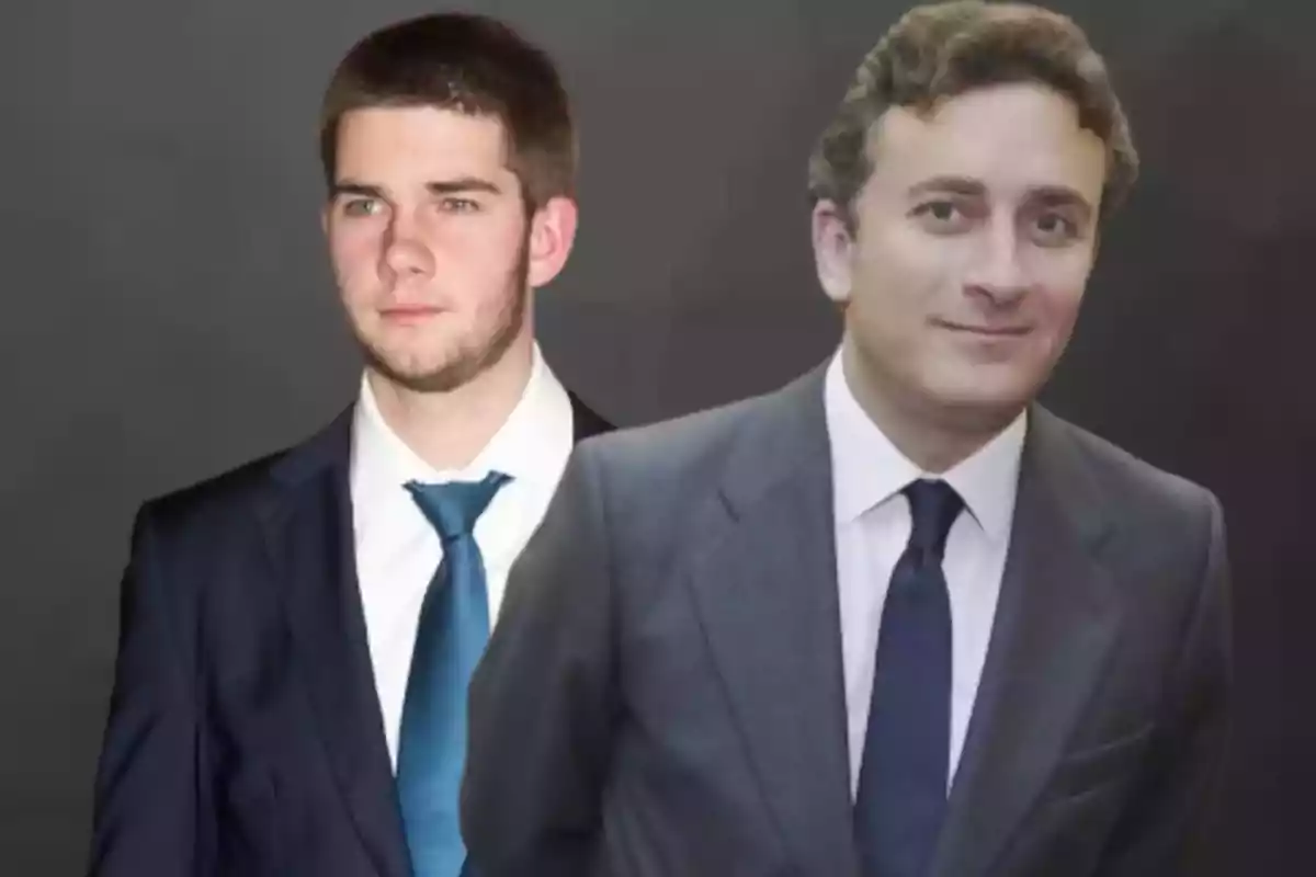 Dos hombres jóvenes vestidos con traje y corbata posan frente a un fondo gris oscuro Dos hombres jóvenes vestidos con traje y corbata posan frente a un fondo gris oscuro