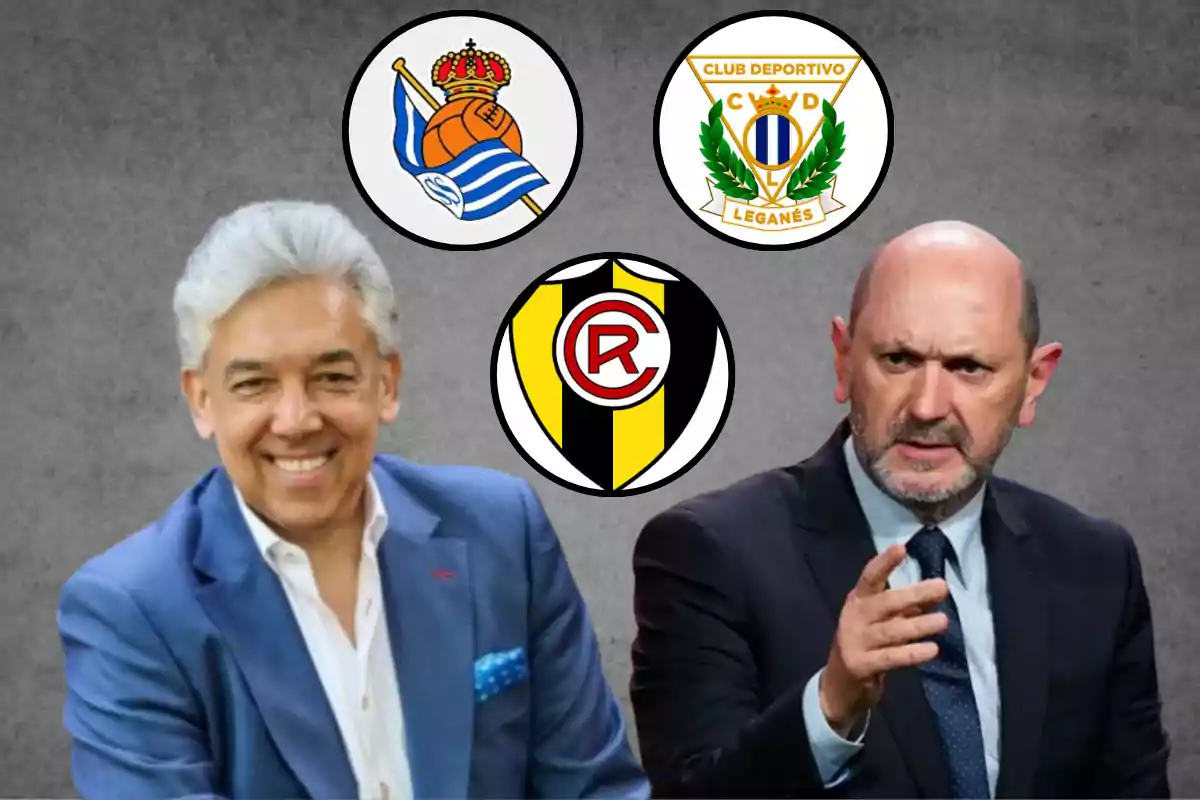 Dos hombres de traje aparecen frente a un fondo gris con los escudos de la Real Sociedad, el Club Deportivo Leganés y el Club River Plate de Uruguay sobre ellos.