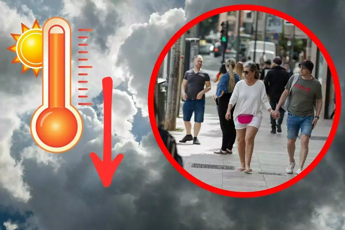 Termómetro con flecha hacia abajo sobre fondo de nubes y un círculo rojo que muestra personas caminando por la ciudad