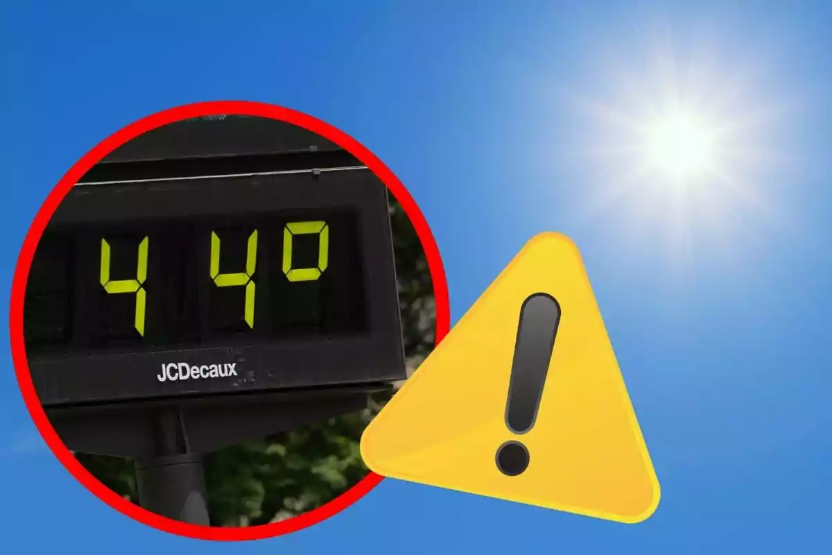 Termómetro digital marcando 44 grados junto a un sol brillante y un símbolo de advertencia sobre fondo azul