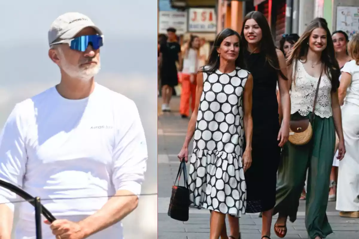 Un hombre con barba y gafas de sol deportivas viste camiseta blanca y gorra mientras sostiene el timón de un barco a la izquierda, a la derecha una mujer con vestido de lunares camina por la calle acompañada de dos jóvenes y otras personas al fondo