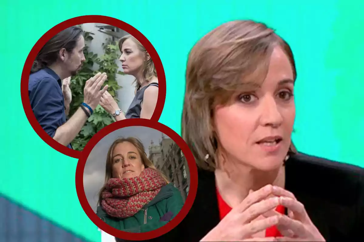 Una mujer en primer plano habla mientras en el fondo aparecen dos círculos con imágenes de una discusión entre un hombre y una mujer y otra mujer con bufanda en la calle