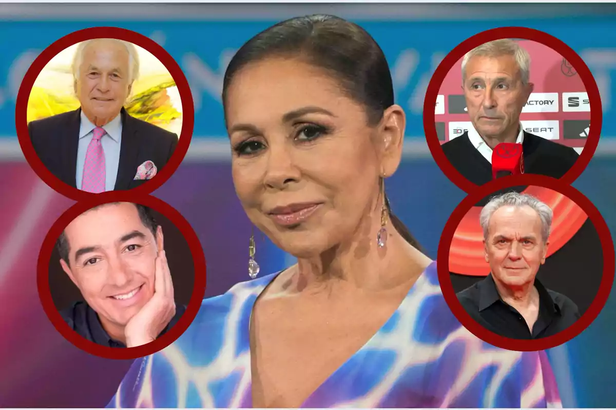 Una mujer en primer plano con cuatro retratos de hombres enmarcados en círculos rojos a su alrededor sobre un fondo colorido