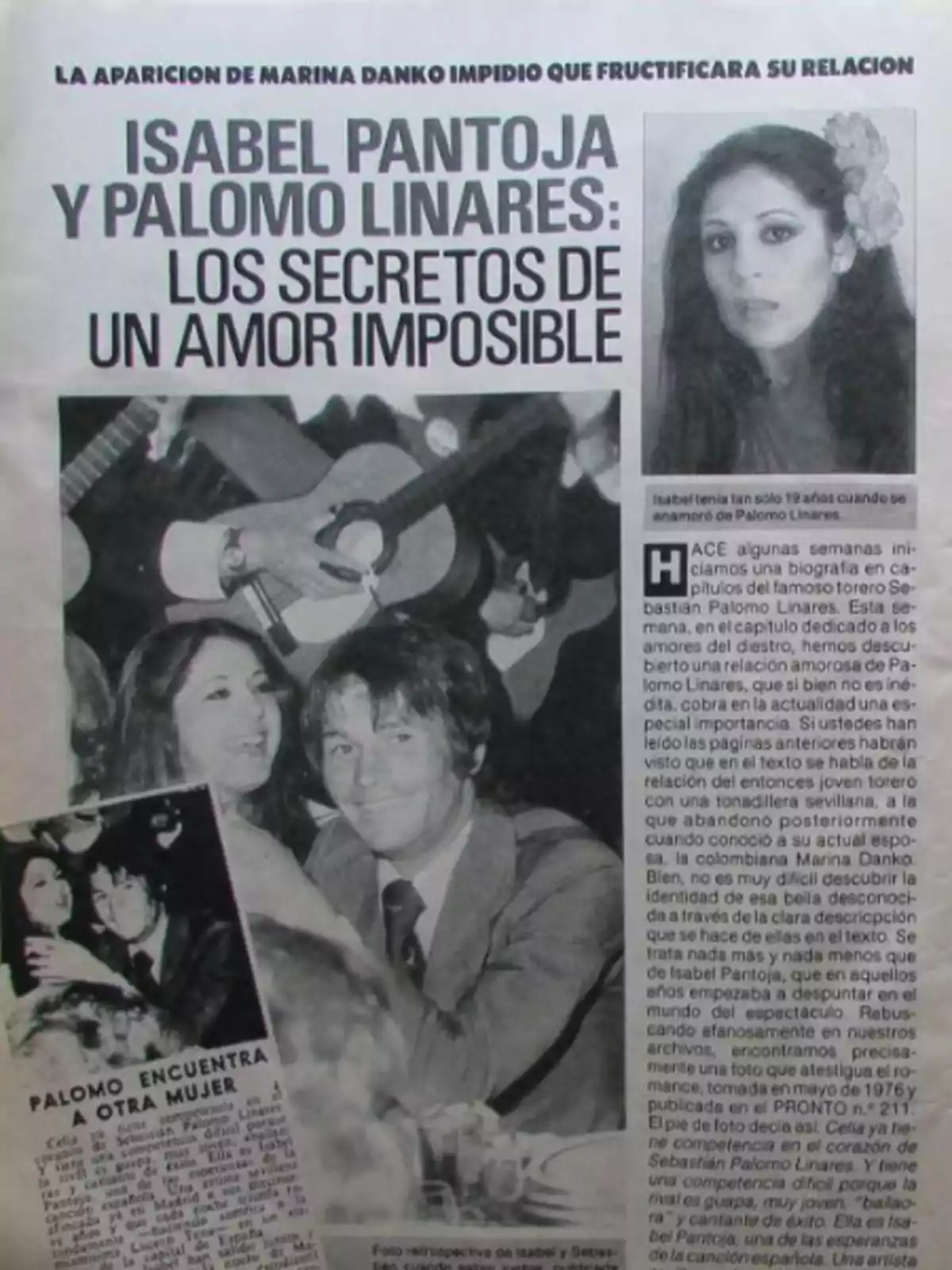 Portada de una revista antigua que muestra a Isabel Pantoja y Palomo Linares en una mesa, acompañados de titulares sobre los secretos de un amor imposible y varias fotografías en blanco y negro de ambos juntos Portada de una revista antigua que muestra a Isabel Pantoja y Palomo Linares en una mesa, acompañados de titulares sobre los secretos de un amor imposible y varias fotografías en blanco y negro de ambos juntos