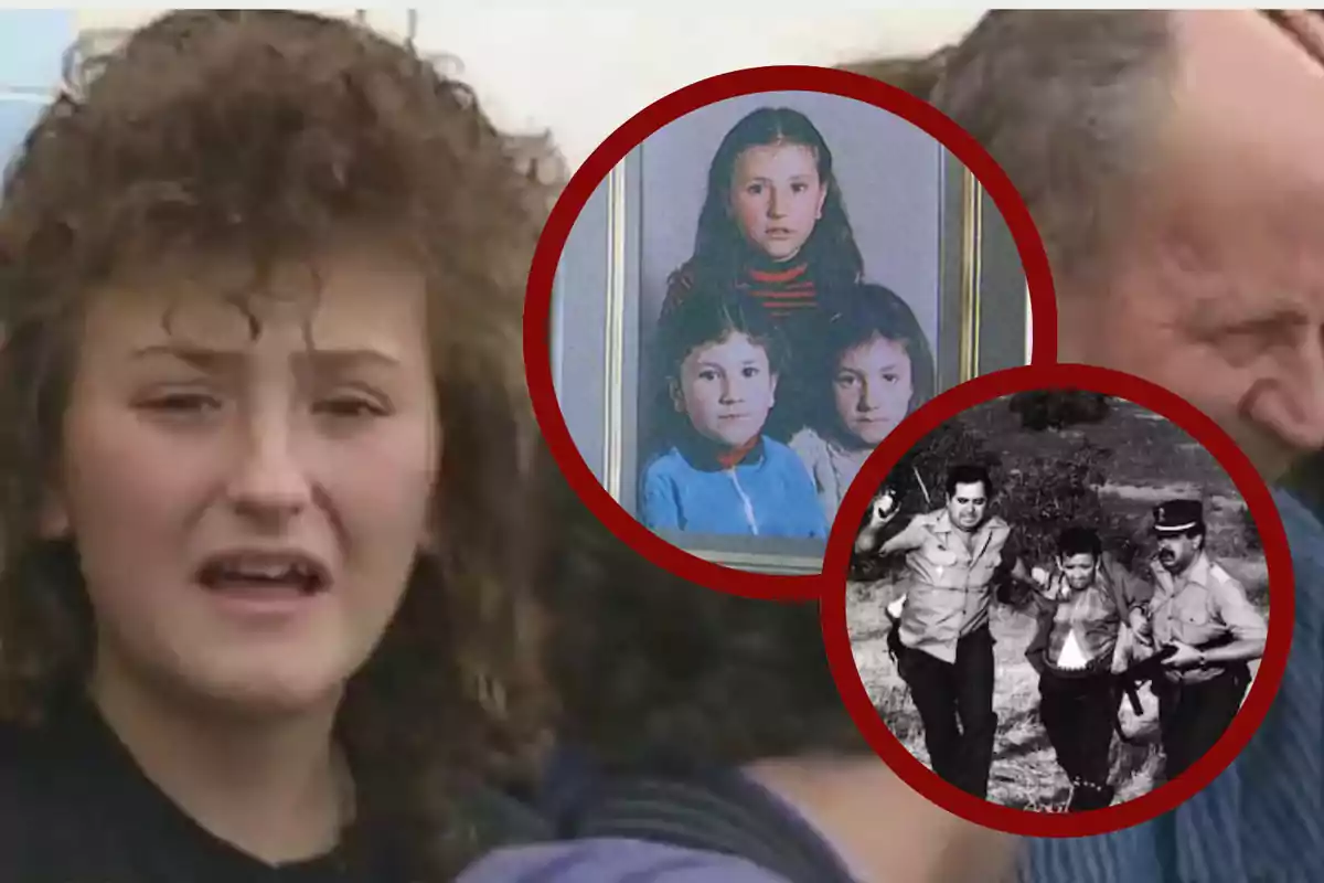 Mujer joven con expresión de angustia en primer plano, al fondo dos recuadros circulares muestran una foto antigua de tres niñas y una imagen en blanco y negro de dos policías escoltando a una persona