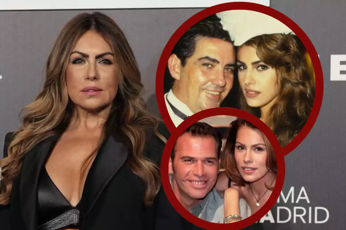 Mujer de cabello largo y ondulado con expresión seria en un evento, junto a dos fotos circulares superpuestas que muestran a la misma mujer en su juventud acompañada de diferentes hombres.