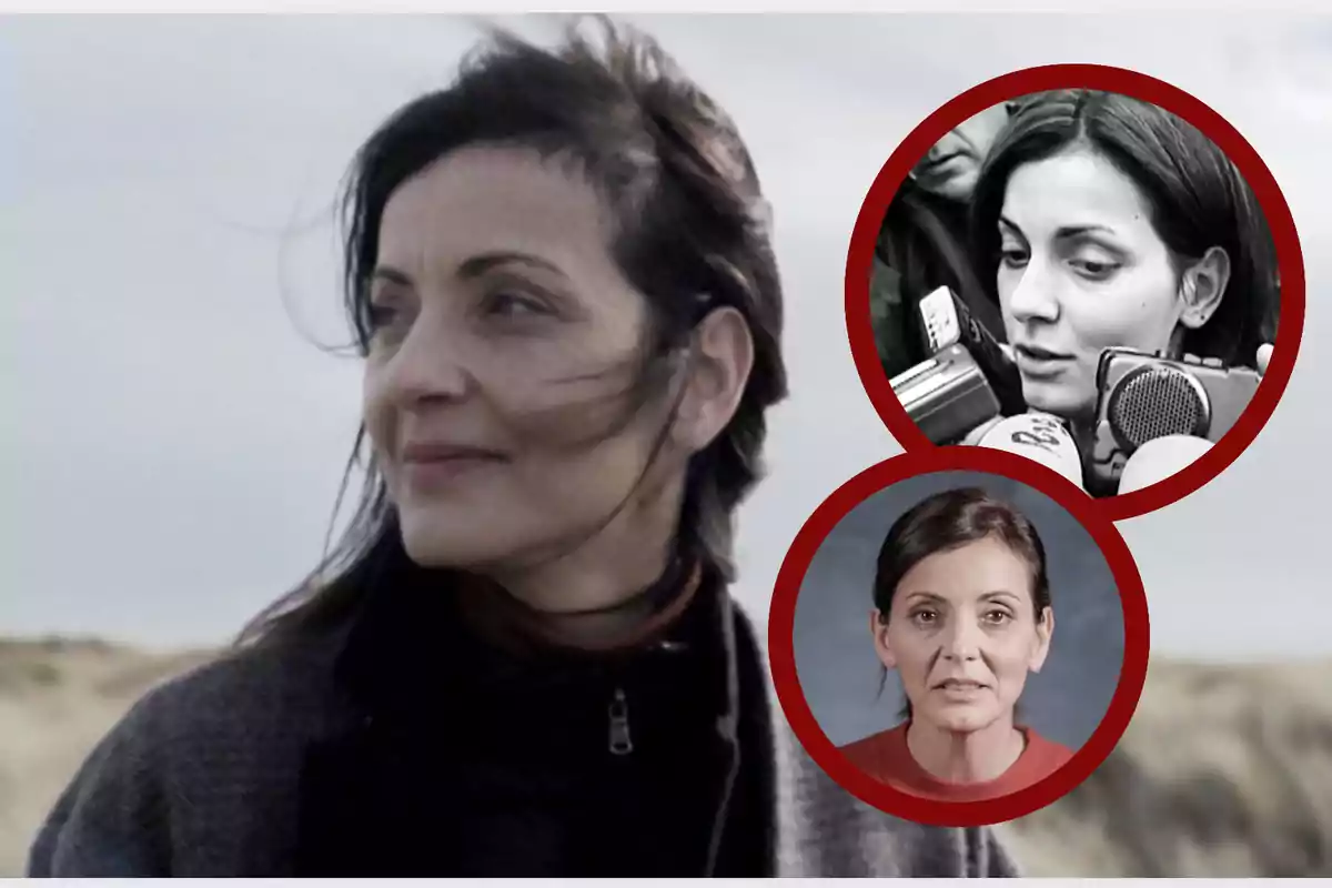 Mujer de cabello corto y oscuro mirando hacia la izquierda en un paisaje al aire libre con dos recuadros circulares mostrando diferentes momentos de su vida