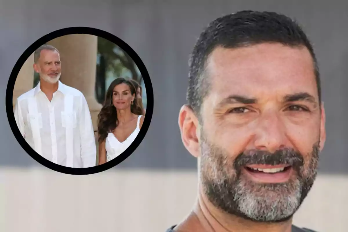 Primer plano de un hombre con barba y cabello corto, al fondo un círculo muestra a una pareja vestida de blanco caminando juntos.