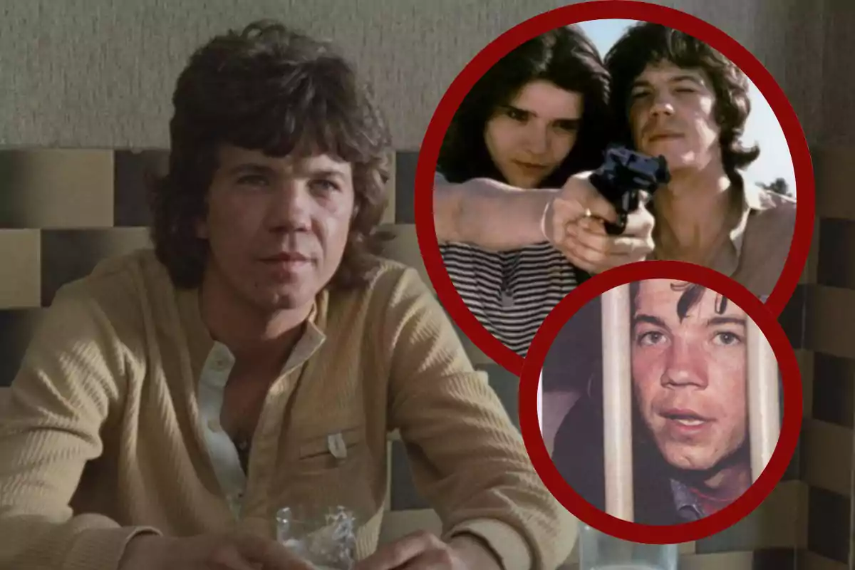 Hombre joven de cabello oscuro sentado en una mesa con dos imágenes circulares superpuestas que muestran escenas de él con una mujer apuntando una pistola y otra tras las rejas