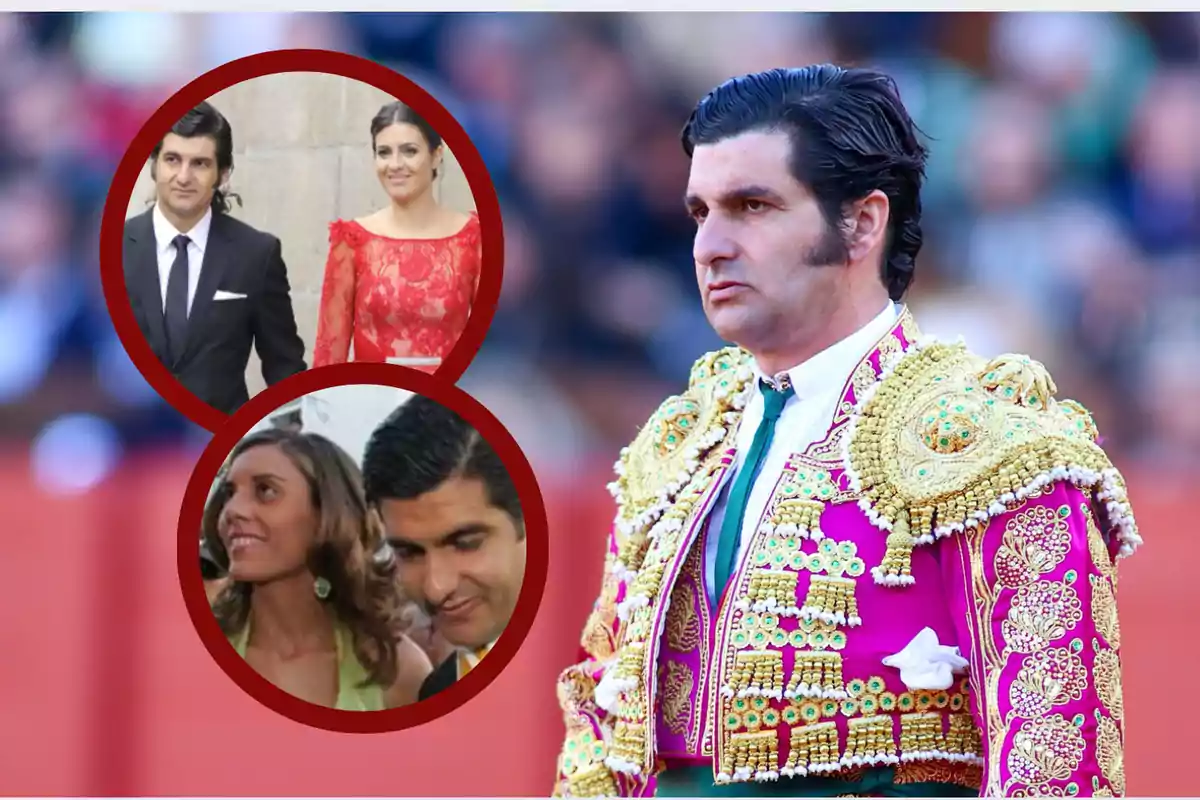 Un torero vestido con traje tradicional en primer plano y dos recuadros circulares mostrando al mismo hombre acompañado de diferentes mujeres en eventos formales.