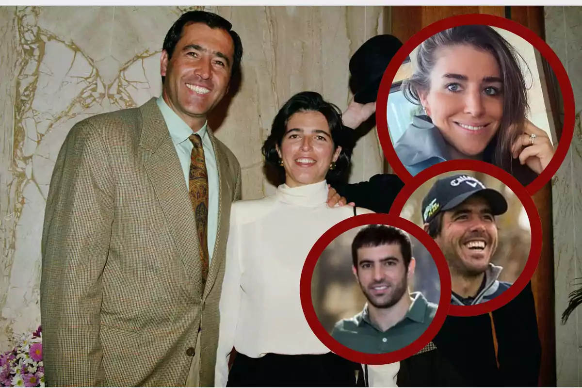 Una pareja sonriente posa frente a una pared de mármol mientras tres retratos circulares de personas jóvenes aparecen superpuestos a la derecha