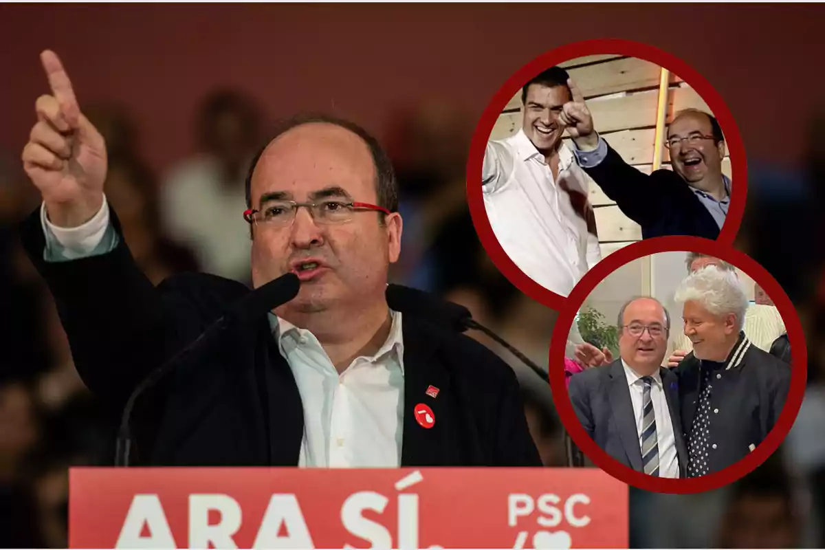 Un hombre con gafas y traje habla en un mitin político del PSC mientras señala con el dedo, acompañado de dos imágenes circulares donde aparece con otras personas en diferentes momentos.