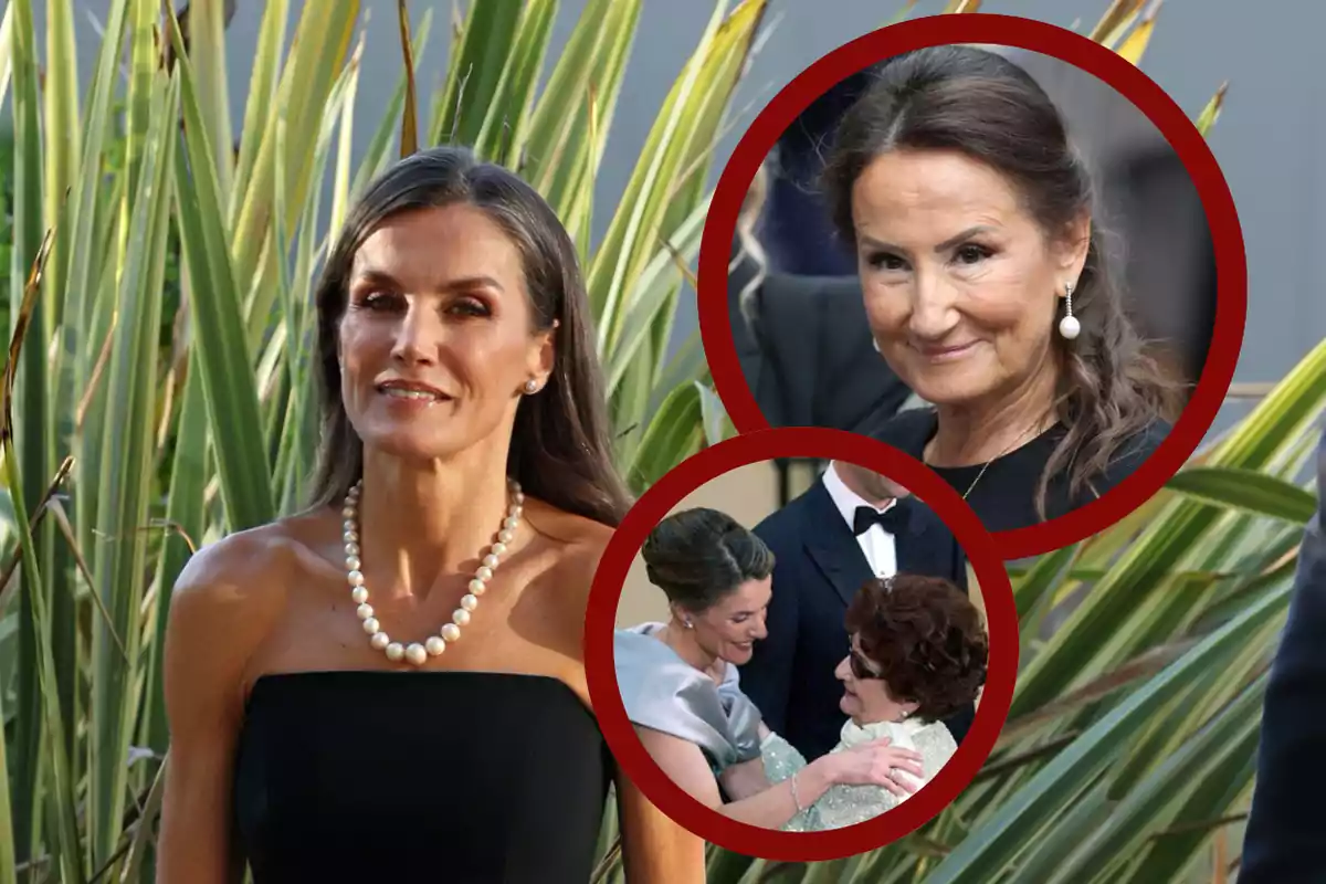 Mujer de cabello largo y oscuro con vestido negro y collar de perlas posando al aire libre, con dos recuadros circulares mostrando a otras dos mujeres, una de ellas mayor y la otra saludando afectuosamente a una persona anciana.