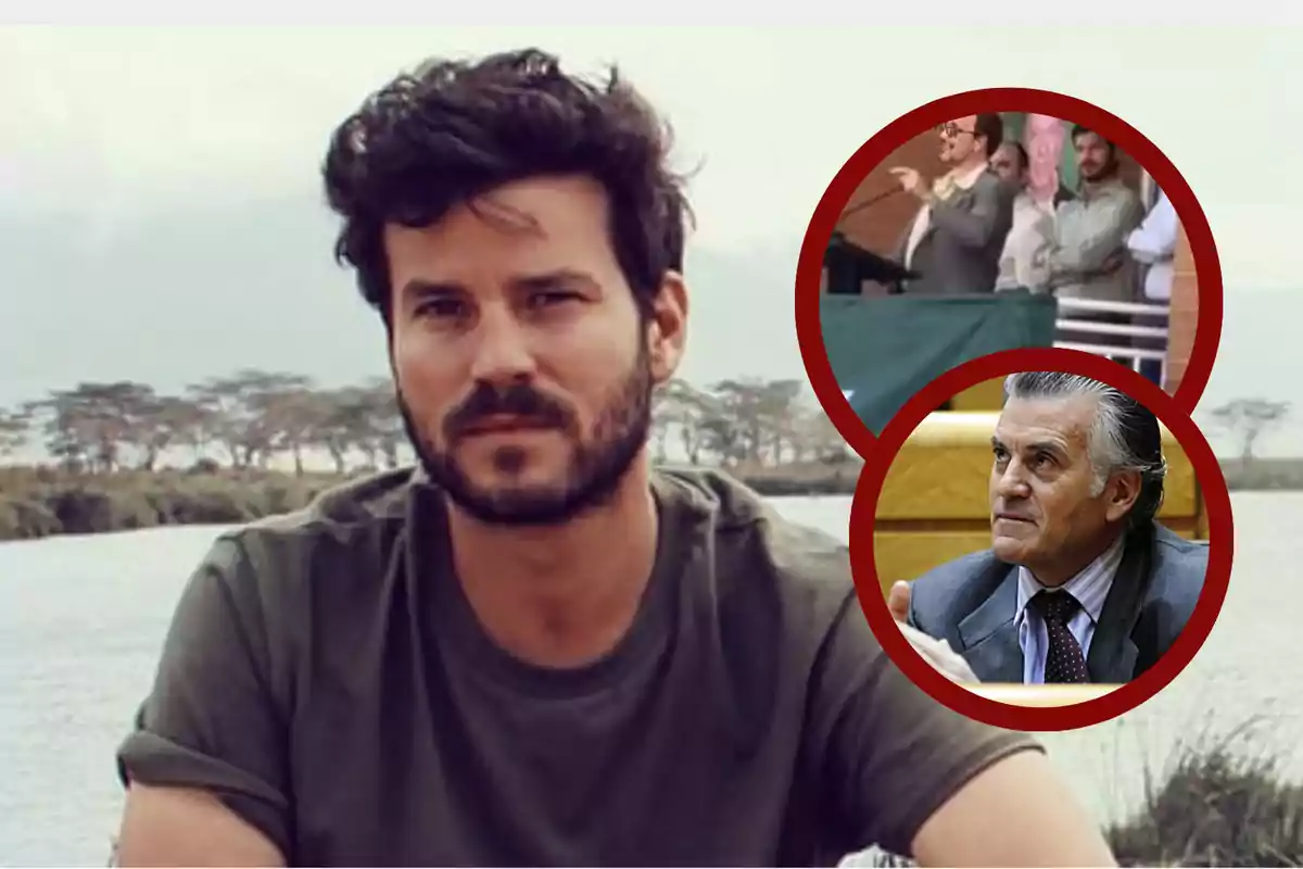 Hombre de barba y cabello oscuro sentado al aire libre cerca de un río con dos círculos superpuestos a la derecha que muestran una escena de personas en un evento y un hombre mayor de cabello canoso en traje y corbata
