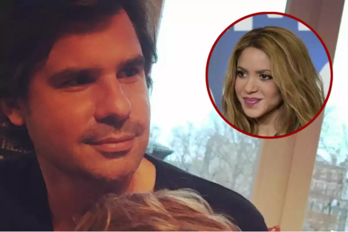 Hombre de cabello oscuro mirando hacia un lado con una ventana de fondo y un recuadro circular mostrando el rostro de una mujer rubia sonriendo