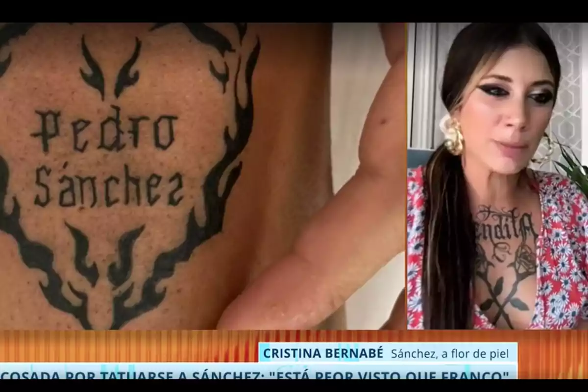 Primer plano de un tatuaje en el pecho con el nombre Pedro Sánchez rodeado de un diseño de llamas y una mujer con otro tatuaje visible en el pecho participando en una videollamada en un programa de televisión Primer plano de un tatuaje en el pecho con el nombre Pedro Sánchez rodeado de un diseño de llamas y una mujer con otro tatuaje visible en el pecho participando en una videollamada en un programa de televisión