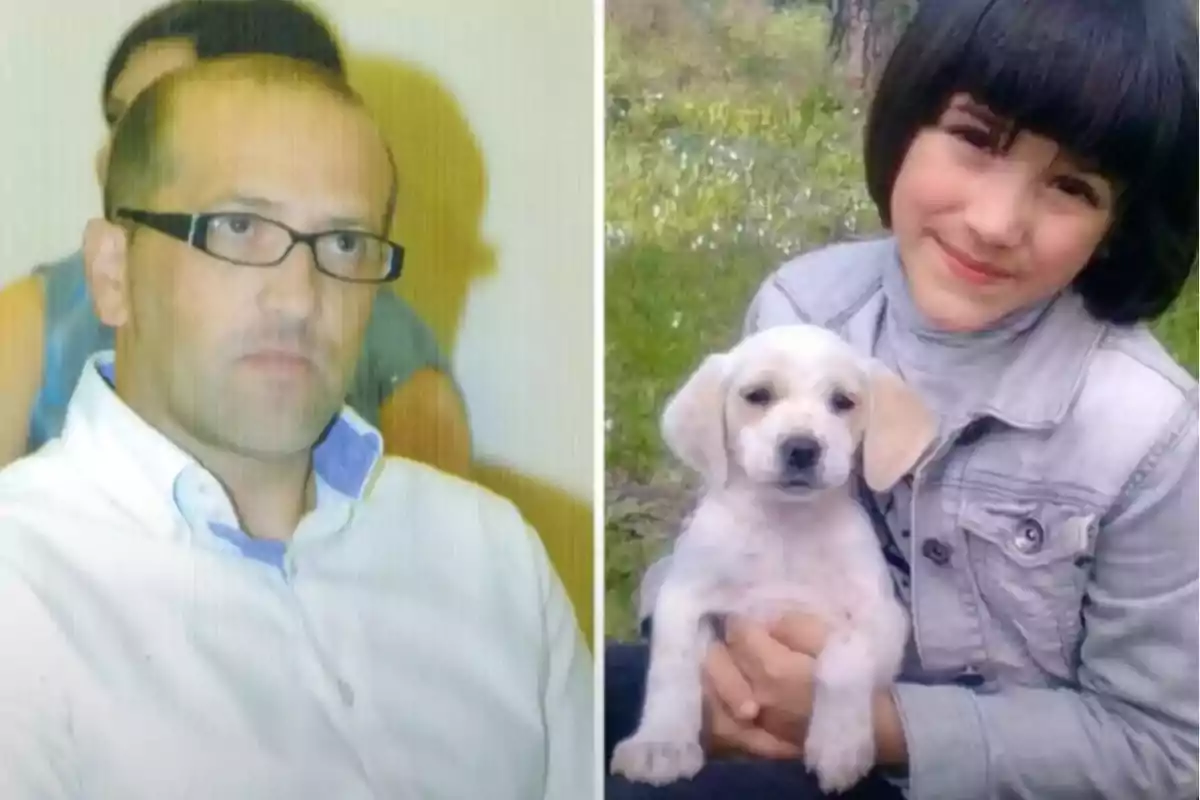Un hombre con gafas y camisa blanca está sentado en un lugar cerrado mientras que una niña sonriente sostiene un cachorro blanco en un entorno al aire libre.