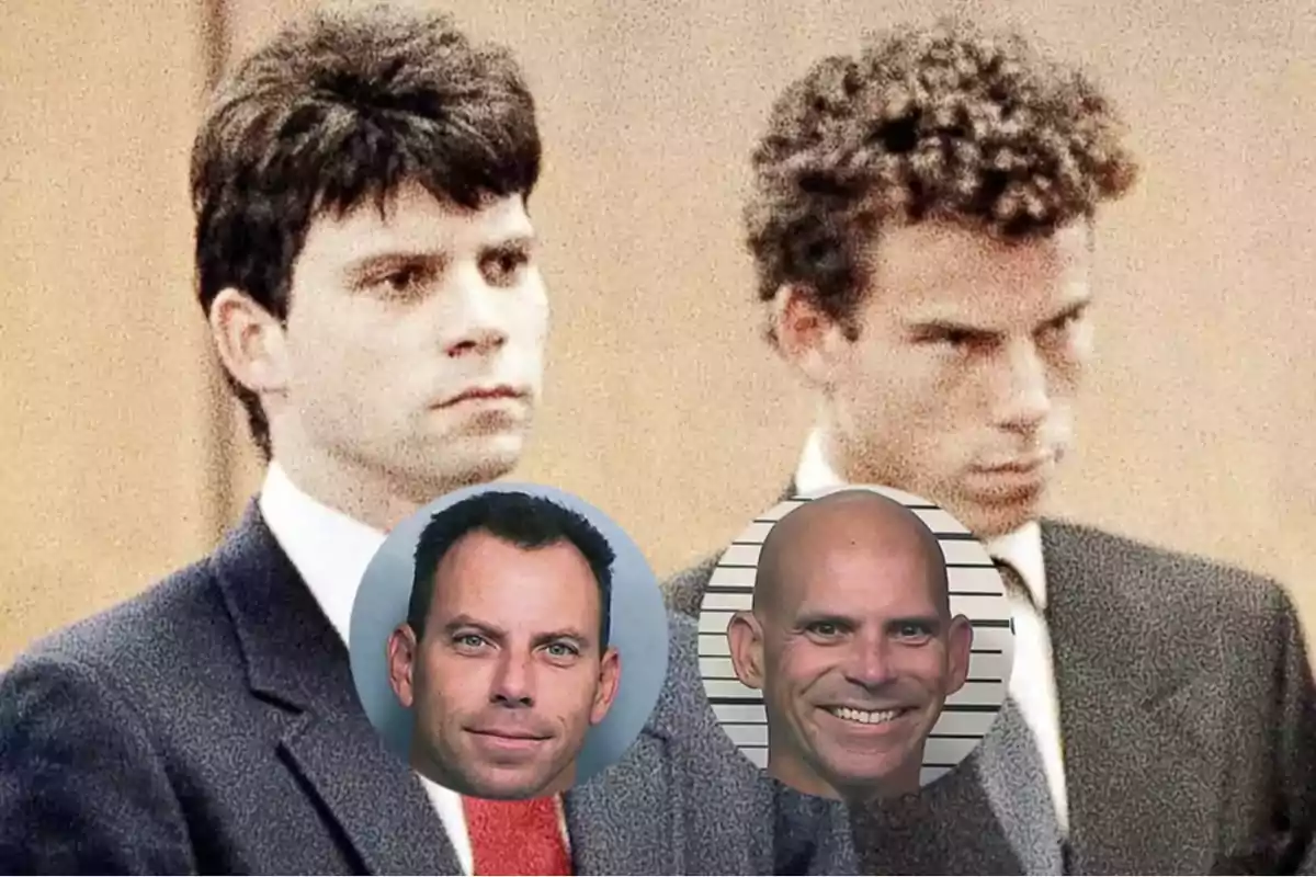 Dos hombres jóvenes vestidos con traje en una imagen antigua, cada uno con una foto actual superpuesta mostrando cómo lucen de adultos