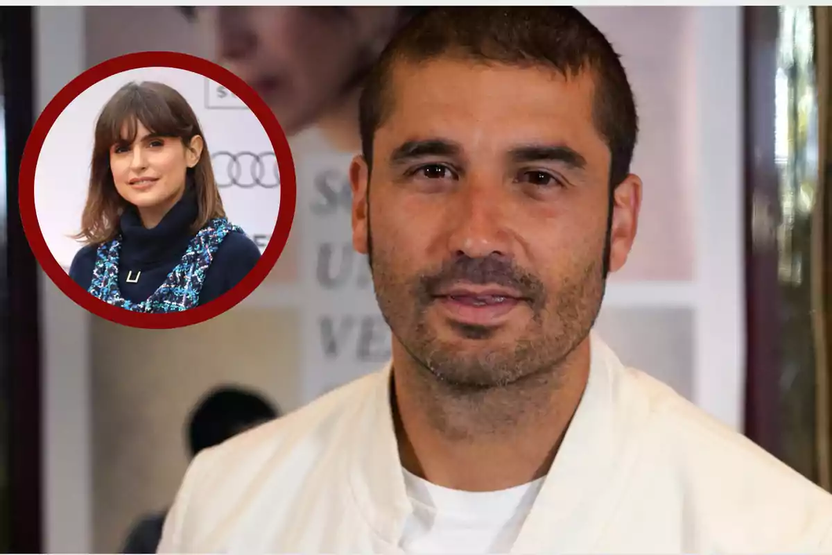 Hombre de cabello corto y barba con chaqueta clara en primer plano y un recuadro circular con la imagen de una mujer de cabello castaño y flequillo en el fondo