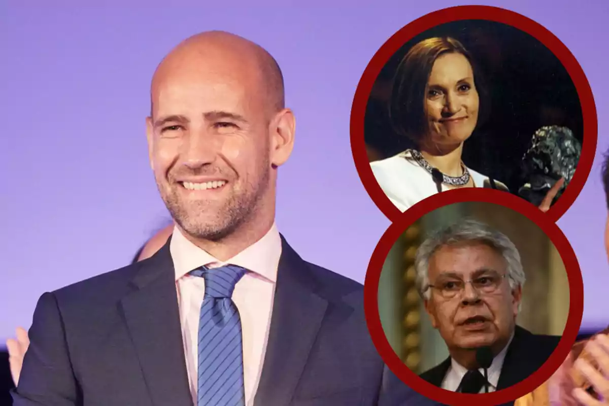 Hombre calvo con barba y traje sonríe frente a un fondo morado, acompañado de dos recuadros circulares con los rostros de una mujer y un hombre mayores