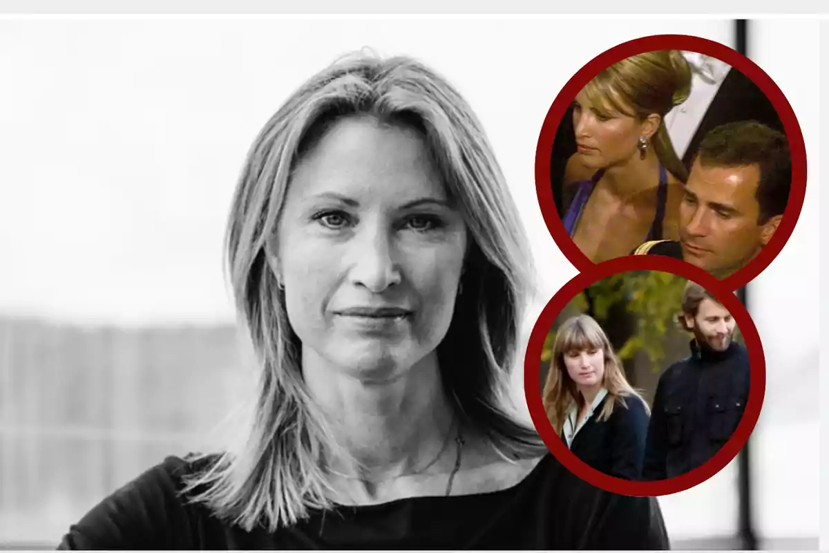 Mujer rubia en primer plano en blanco y negro con dos imágenes circulares a color en la esquina superior derecha mostrando a la misma mujer acompañada de diferentes personas
