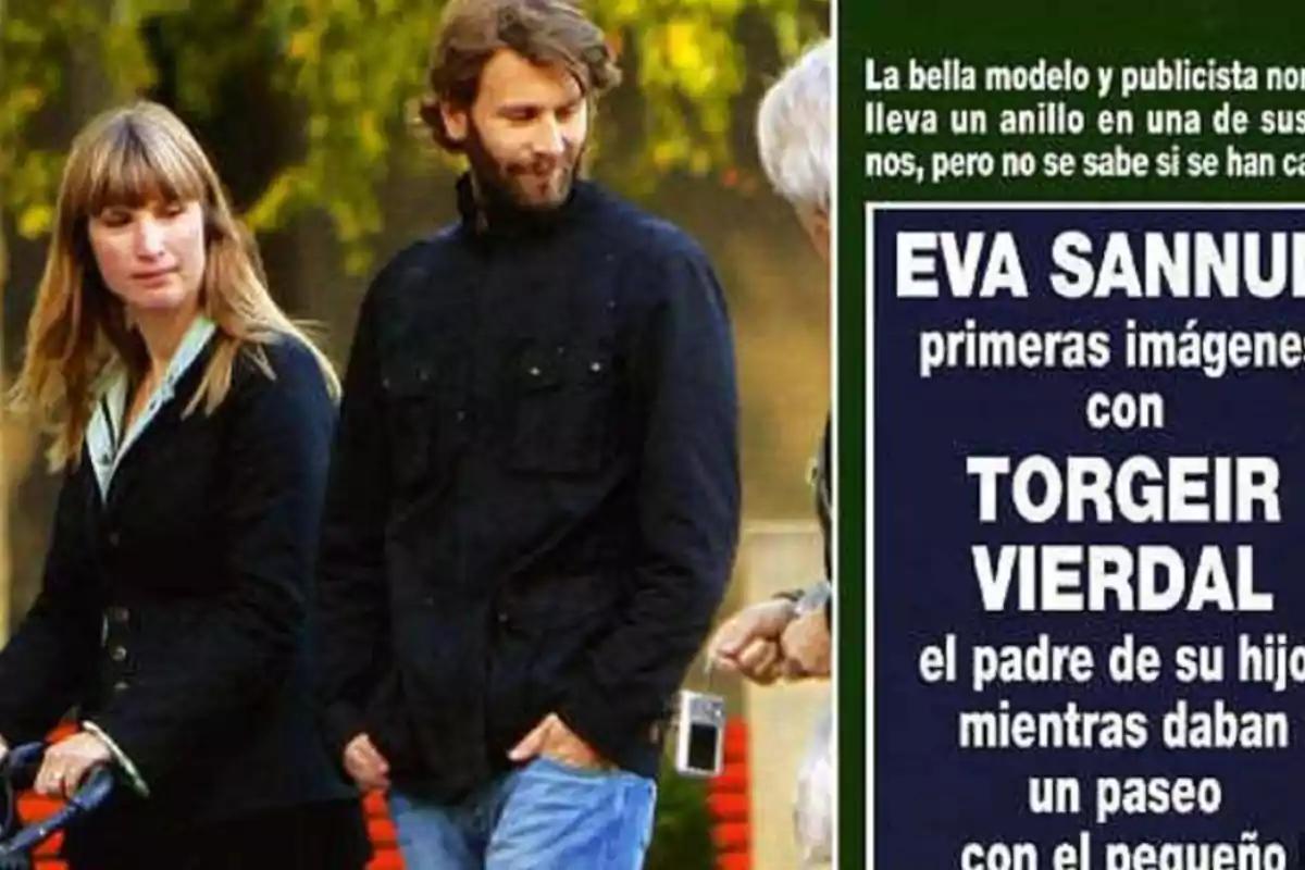 Una pareja camina al aire libre mientras empujan un cochecito de bebé y al lado aparece un recorte de revista con texto sobre ellos Una pareja camina al aire libre mientras empujan un cochecito de bebé y al lado aparece un recorte de revista con texto sobre ellos