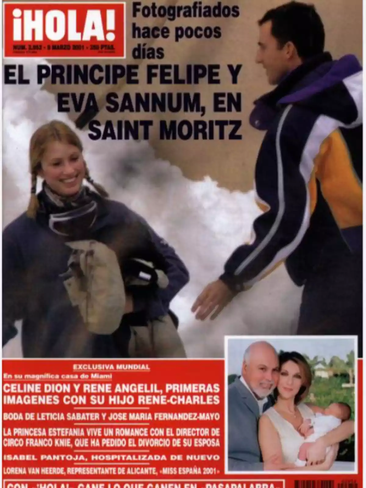 Portada de la revista ¡HOLA! con una imagen principal de dos personas en la nieve y un recuadro con una pareja y un bebé, acompañada de titulares sobre celebridades y noticias del espectáculo Portada de la revista ¡HOLA! con una imagen principal de dos personas en la nieve y un recuadro con una pareja y un bebé, acompañada de titulares sobre celebridades y noticias del espectáculo