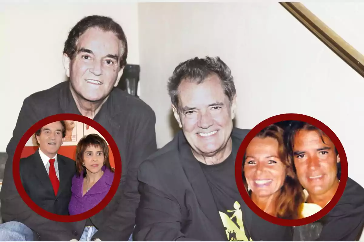 Dos hombres sentados uno al lado del otro ambos sonriendo con dos recuadros circulares en la parte inferior que muestran a cada uno acompañado de una mujer diferente