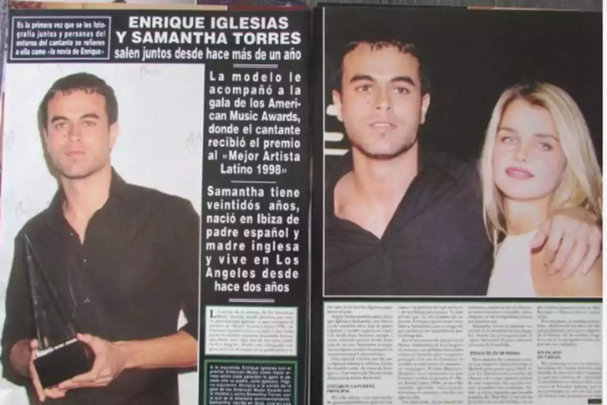 Revista mostrando a un hombre de cabello corto y oscuro posando con un trofeo en la mano y en otra foto aparece abrazando a una mujer rubia con fondo oscuro y texto informativo sobre su relación y logros. Revista mostrando a un hombre de cabello corto y oscuro posando con un trofeo en la mano y en otra foto aparece abrazando a una mujer rubia con fondo oscuro y texto informativo sobre su relación y logros.