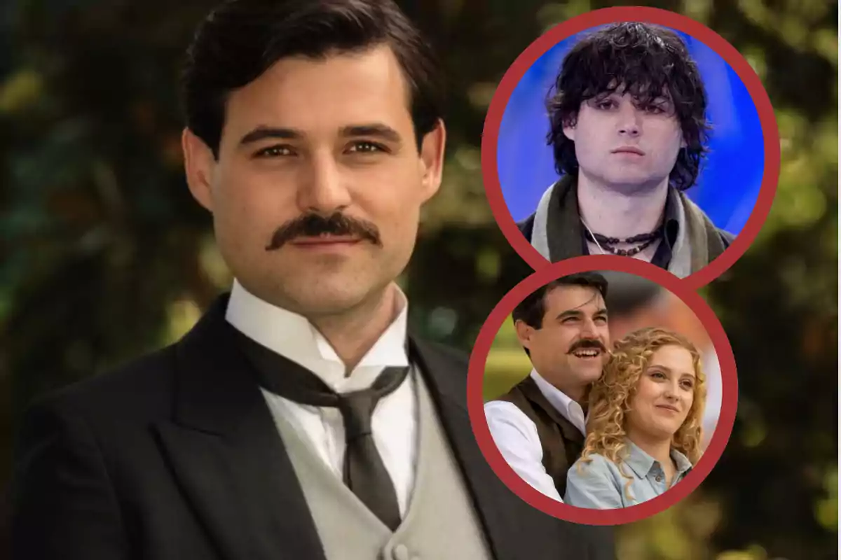 Hombre de bigote con traje elegante en primer plano y dos recuadros circulares mostrando diferentes escenas de su vida