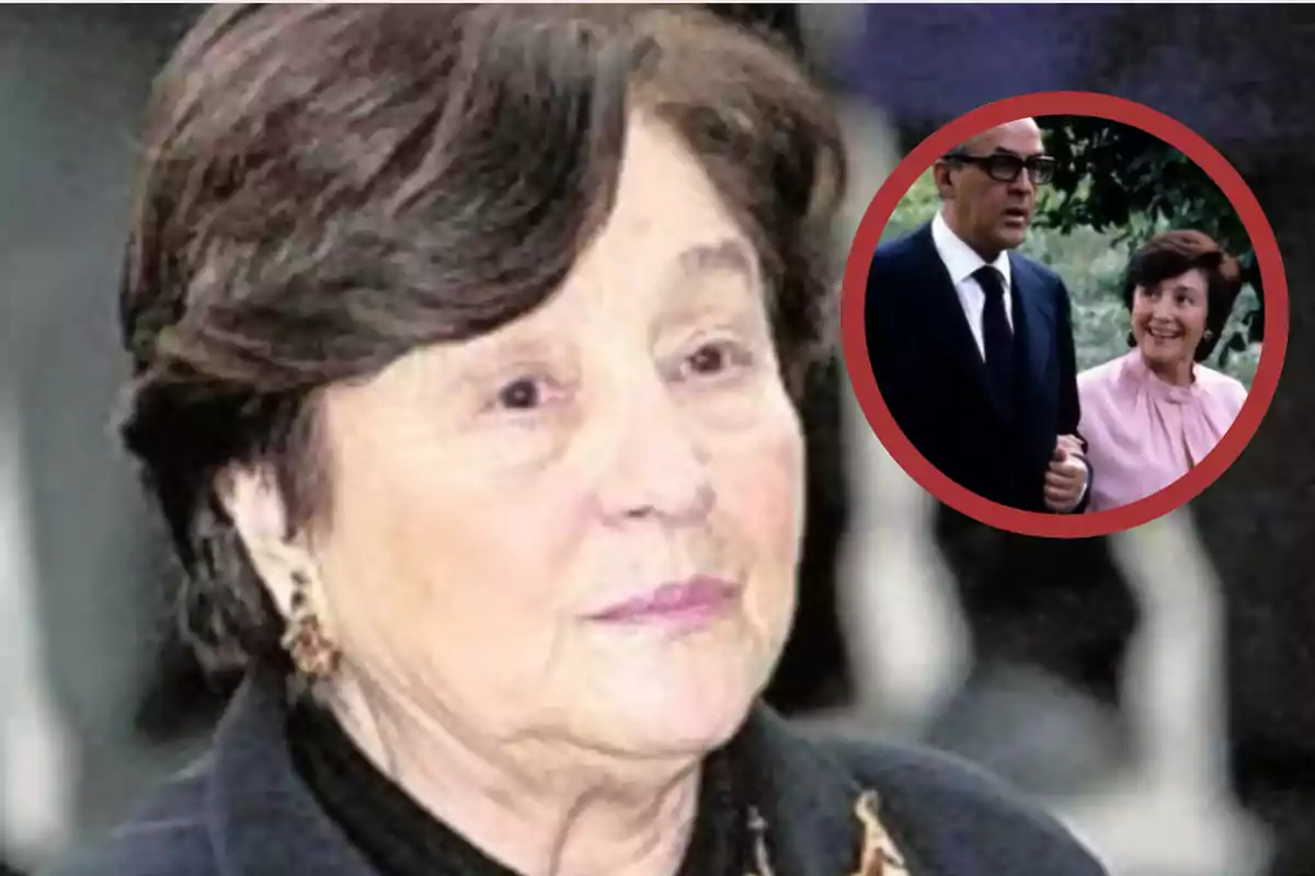 Mujer mayor de cabello corto y oscuro en primer plano con una imagen circular en la esquina superior derecha que muestra a una pareja caminando juntos