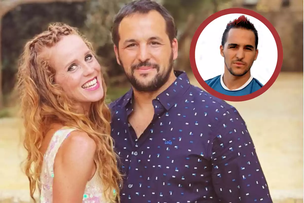 Una pareja sonriente posa al aire libre mientras en la esquina superior derecha aparece el retrato de un hombre enmarcado en un círculo rojo