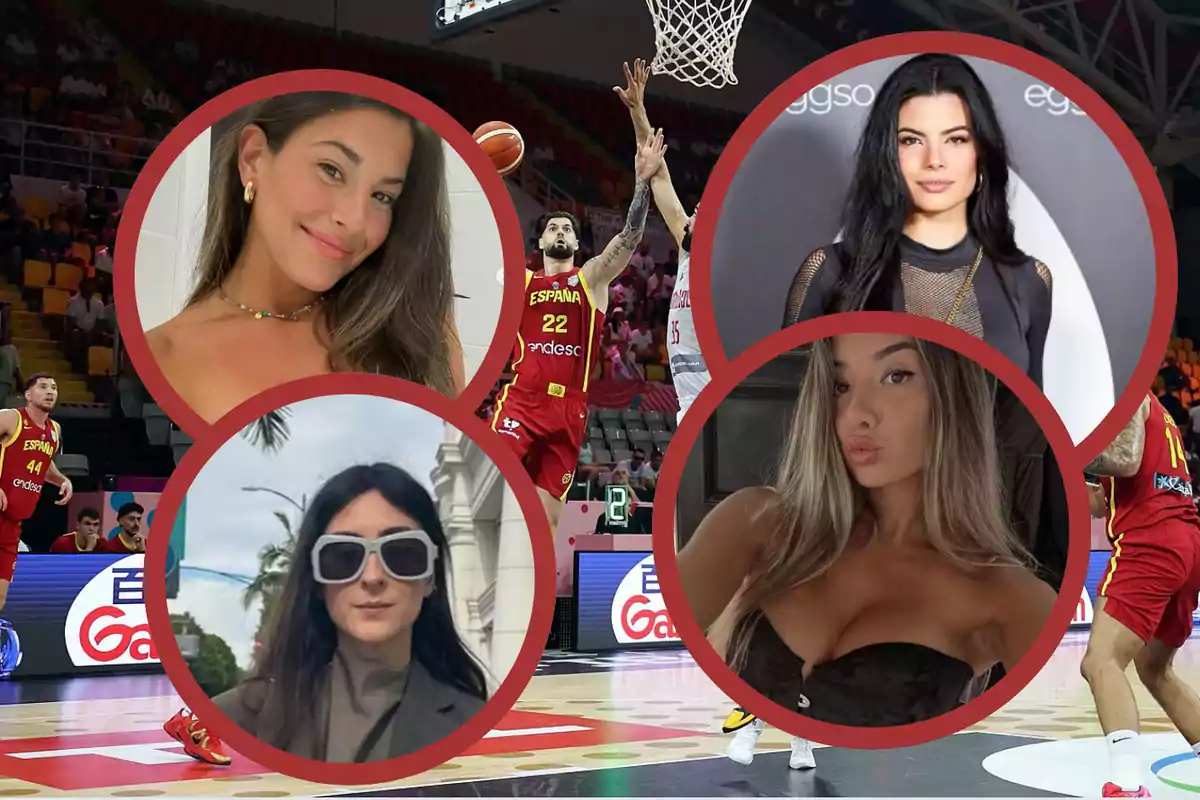 Jugadores de baloncesto en la cancha con cuatro retratos de mujeres enmarcados en círculos rojos superpuestos sobre la imagen principal