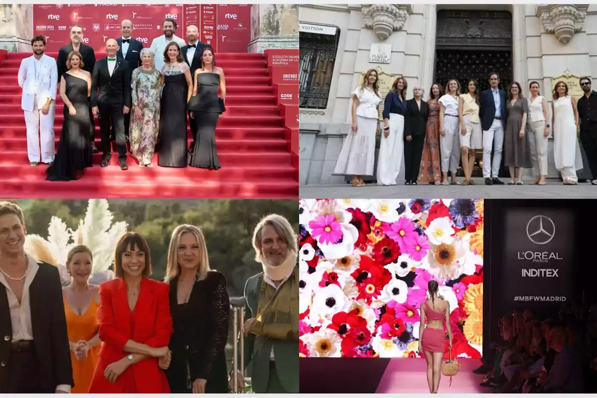 Collage de cuatro imágenes que muestran diferentes eventos de moda y alfombra roja con personas elegantemente vestidas y una pasarela con fondo de flores coloridas