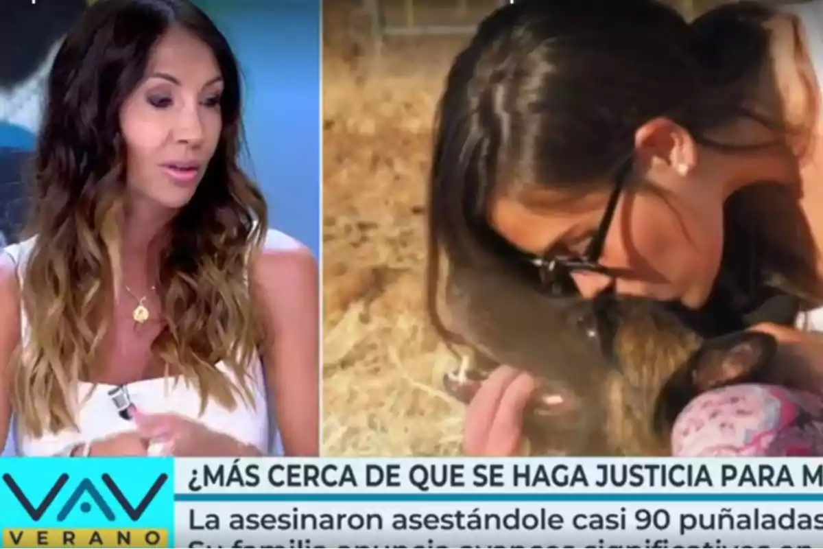 Mujer de cabello largo y ondulado hablando en un programa de televisión junto a una imagen de una joven besando a un perro con un cintillo de noticias en la parte inferior Mujer de cabello largo y ondulado hablando en un programa de televisión junto a una imagen de una joven besando a un perro con un cintillo de noticias en la parte inferior
