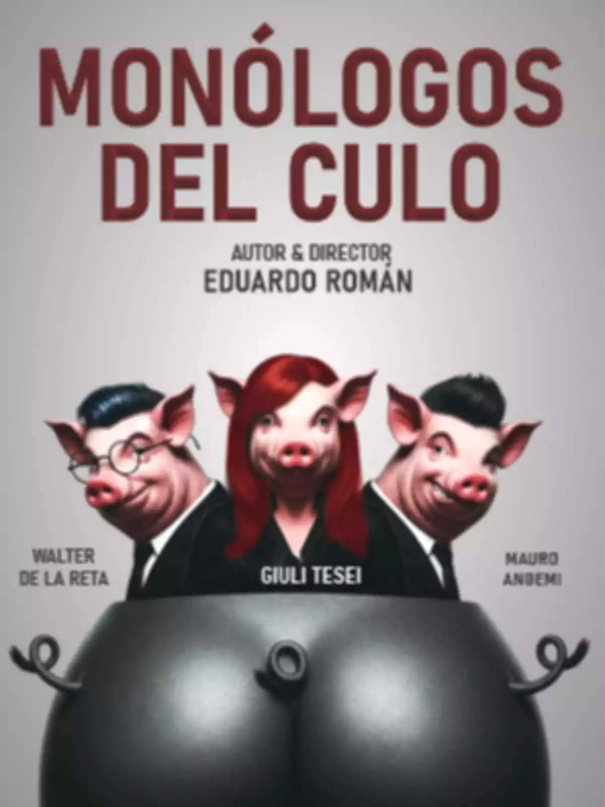 Tres personas con trajes formales y cabezas de cerdo, una de ellas con cabello rojo, están detrás de una gran olla negra