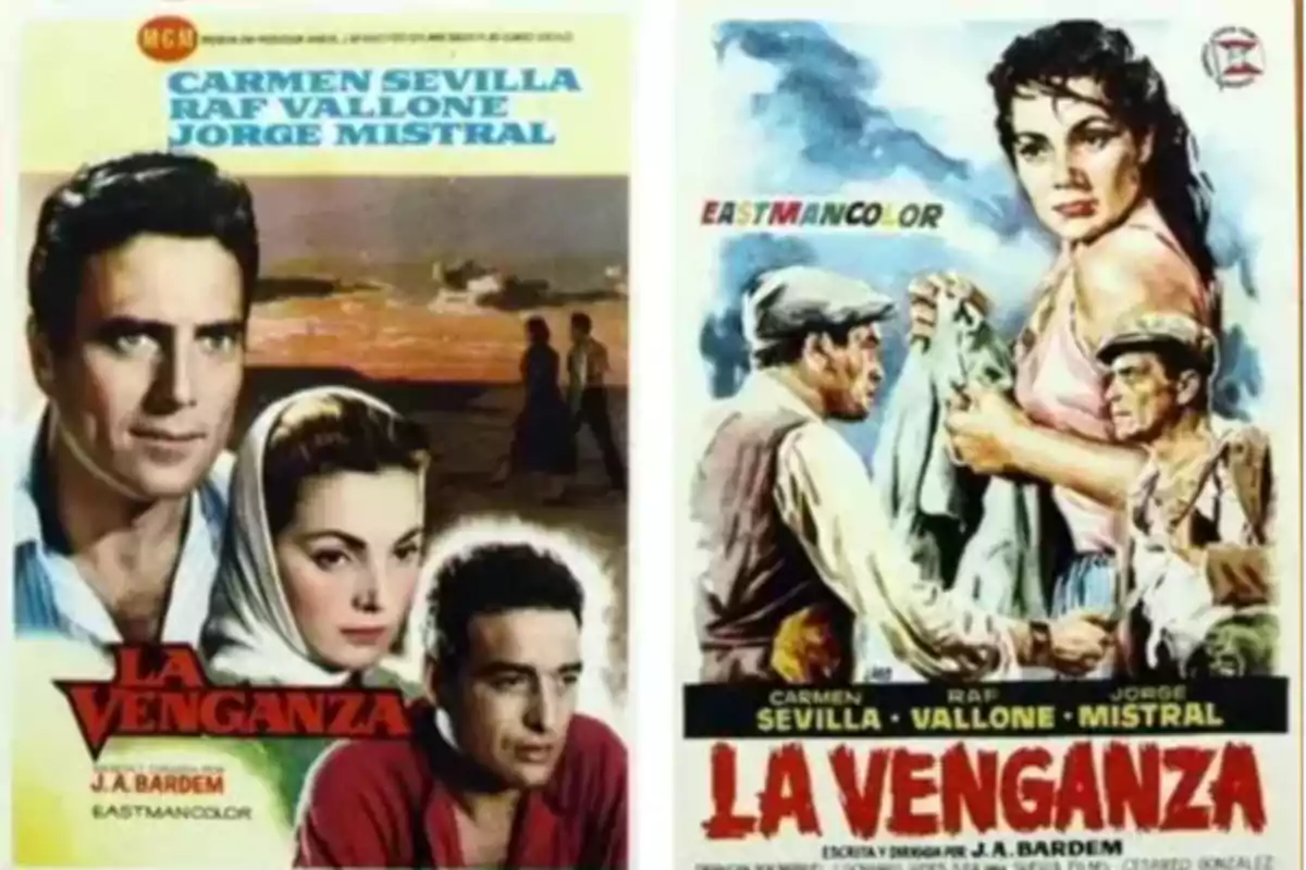 Dos carteles de la película La Venganza con los nombres de los actores principales Carmen Sevilla, Raf Vallone y Jorge Mistral, uno con fotografías y otro con ilustraciones de los personajes Dos carteles de la película La Venganza con los nombres de los actores principales Carmen Sevilla, Raf Vallone y Jorge Mistral, uno con fotografías y otro con ilustraciones de los personajes