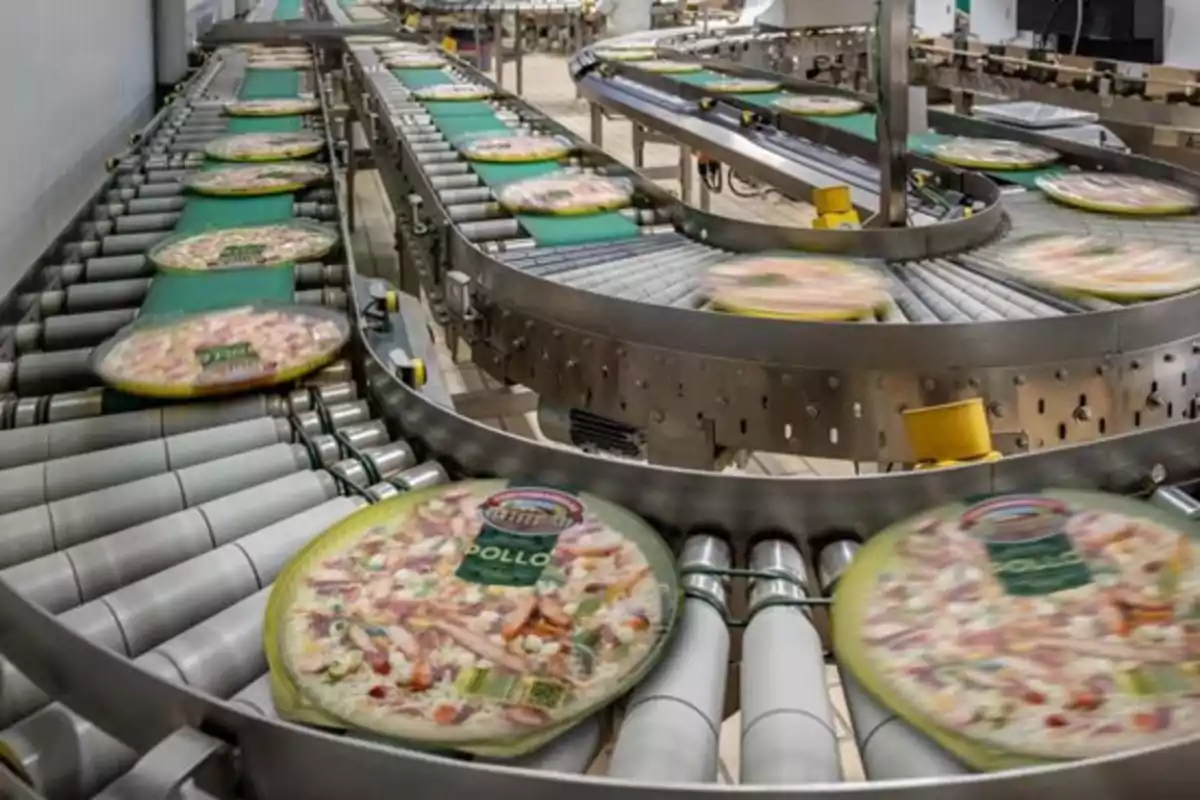 Línea de producción industrial transportando pizzas congeladas en una fábrica