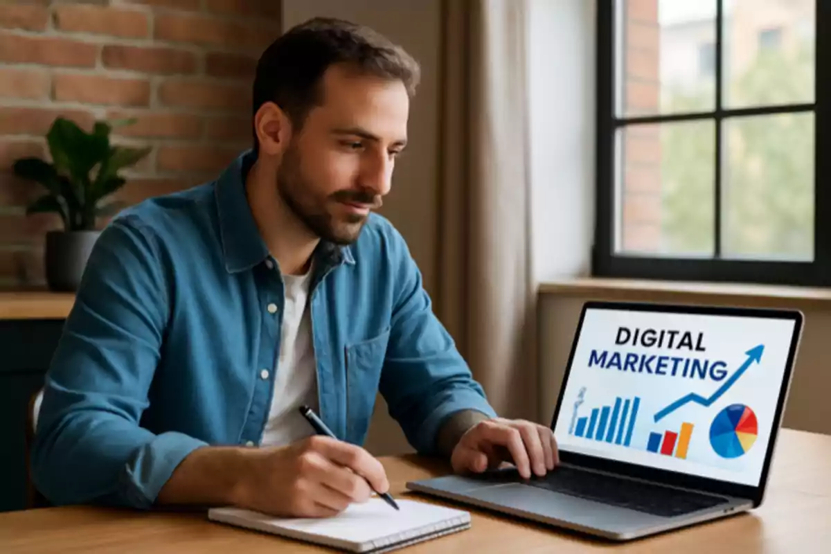 Hombre joven tomando notas mientras observa una laptop con gráficos y la frase digital marketing en la pantalla