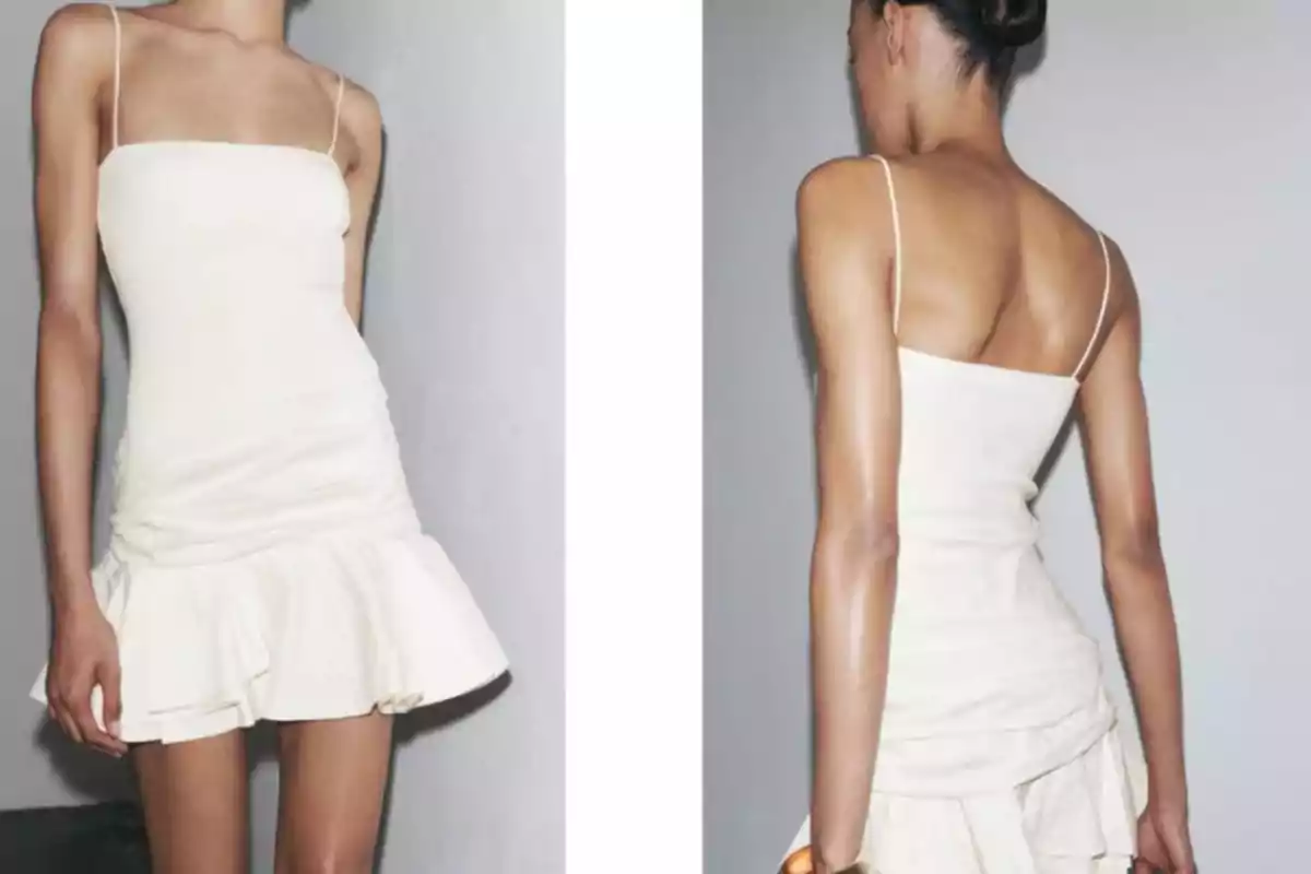 Mujer usando un vestido corto color crema con tirantes delgados y falda con vuelo, vista de frente y de espaldas.
