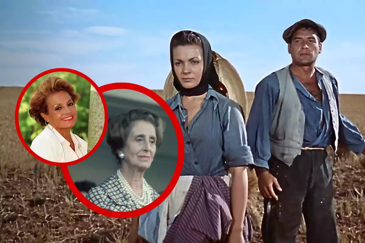 Dos personas con ropa de trabajo en un campo y dos retratos de mujeres mayores enmarcados en círculos rojos superpuestos en la imagen