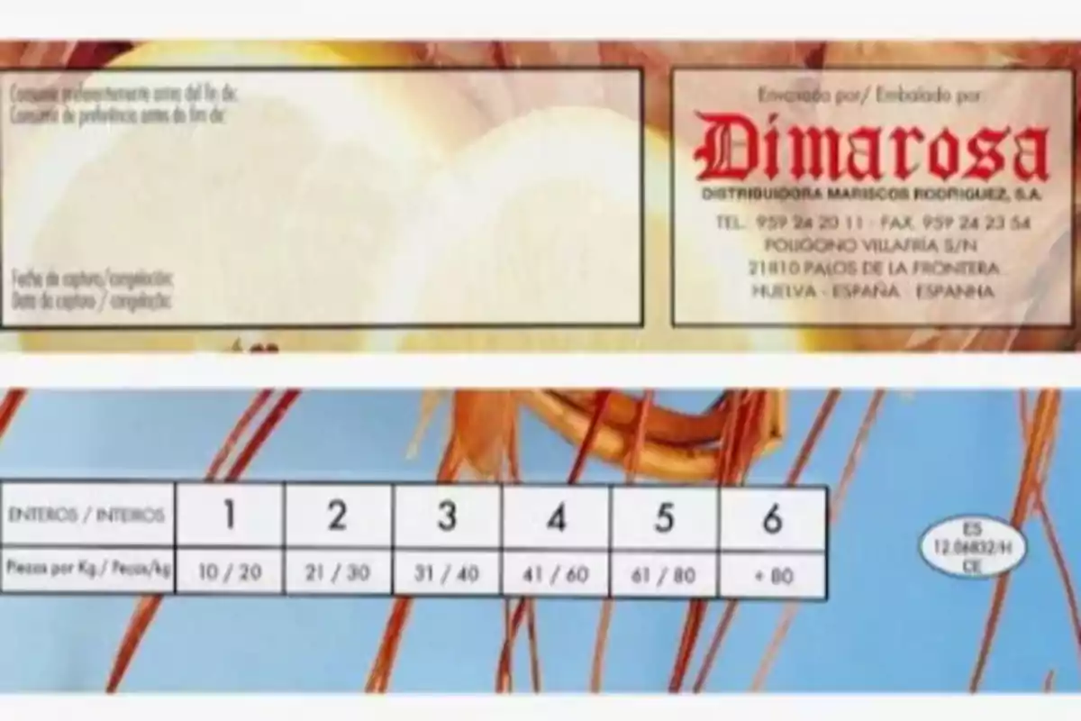Etiqueta de producto de mariscos de la marca Dimarosa con información de contacto, tabla de clasificación por tamaño y fondo con imagen de camarones Etiqueta de producto de mariscos de la marca Dimarosa con información de contacto, tabla de clasificación por tamaño y fondo con imagen de camarones