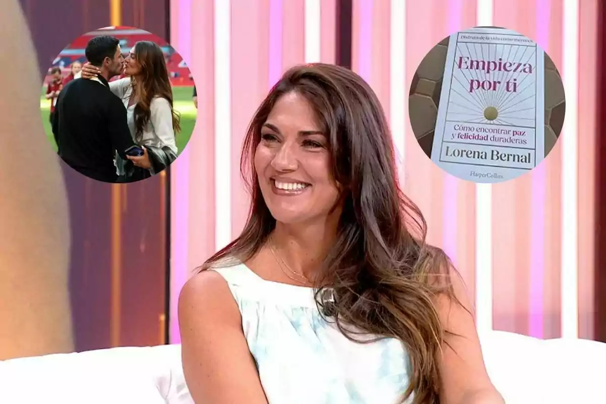 Mujer sonriente sentada en un plató de televisión con dos imágenes circulares superpuestas, una mostrando a una pareja besándose y otra la portada de un libro titulado Empieza por ti de Lorena Bernal