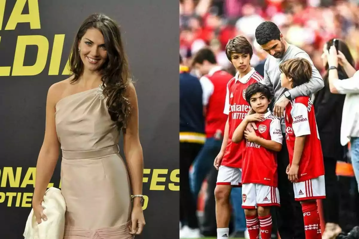 Una mujer con vestido elegante sonríe en un evento mientras en la otra mitad de la imagen un hombre y tres niños con camisetas del Arsenal están en un estadio de fútbol Una mujer con vestido elegante sonríe en un evento mientras en la otra mitad de la imagen un hombre y tres niños con camisetas del Arsenal están en un estadio de fútbol