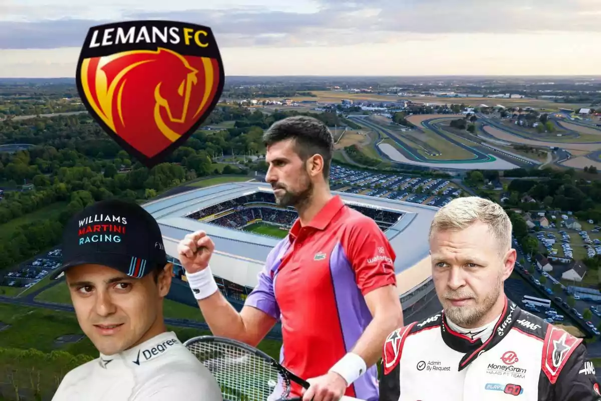 Tres deportistas y el logo de Le Mans FC sobre un fondo de un circuito de carreras y un estadio de fútbol