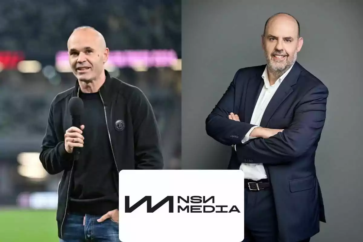 Dos hombres calvos, uno con micrófono y ropa casual en un estadio y otro con traje y brazos cruzados en un fondo gris, con el logo de NSN Media en la parte inferior.